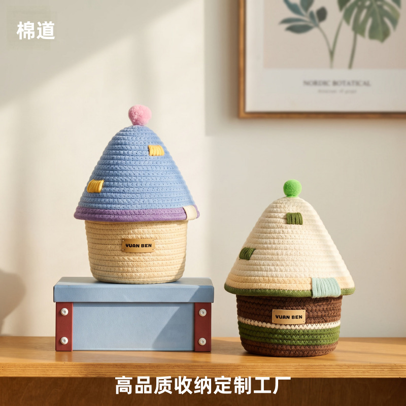 Cute cotton rope woven storage basket with lid, exquisite desktop snack storage basket, custom-made office desk storage box Cute cotton rope woven storage basket with lid, exquisite desktop snack storage basket, custom-made office desk storage box