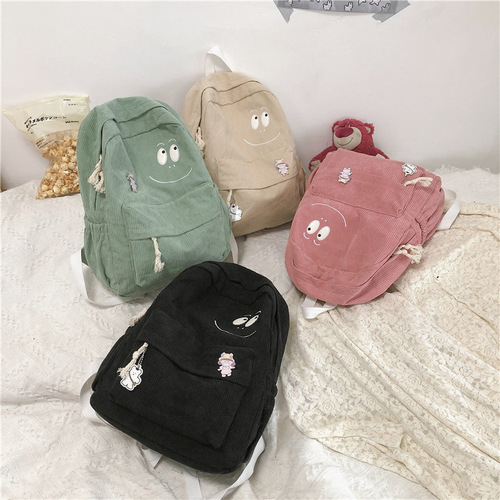 Corduroy school bag for female students, Korean version, junior high school and high school girl's cute forest style simple campus backpack
