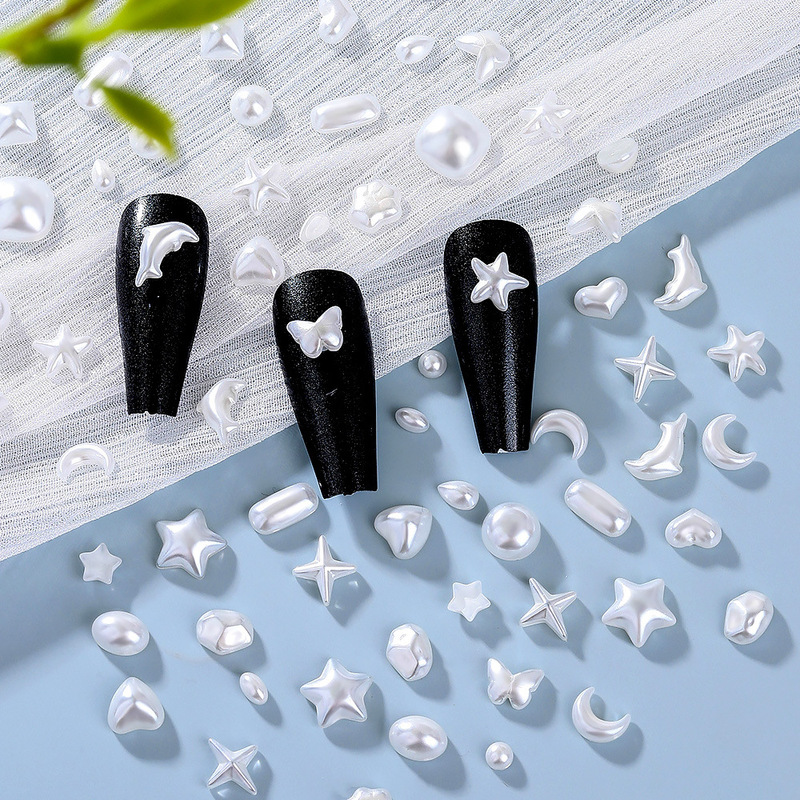 New product nail art pearl jewelry glass flat bottom shaped pearl five-pointed star fat square love nail art decoration small jewelry