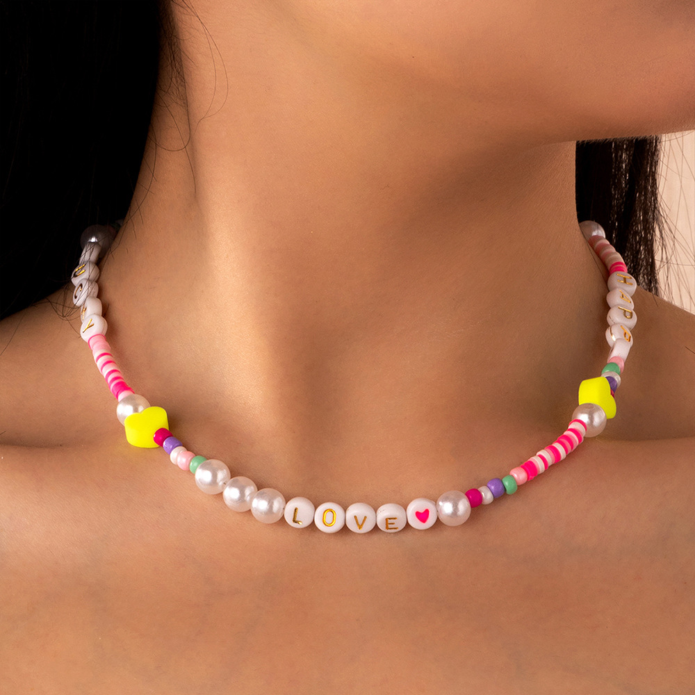 Casual Fashion Geometric Letter Heart Polymer clay Inlaid Pearls Necklace