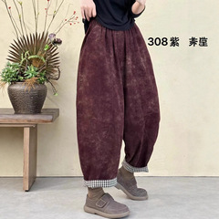 灯芯绒炒色哈伦裤女 2025秋新款松紧腰复古印花宽松九分裤 308