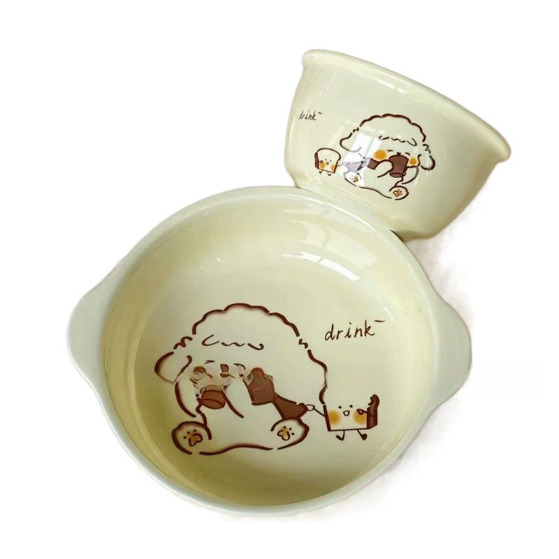 Milk FUFU ceramic glaze color double ear bowl, one -person foodie with tableware set with a spoon chopstick dormitory foam noodle bowl bowl