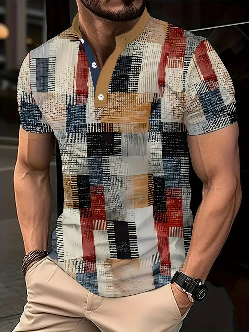 Nuevo estilo transfronterizo de verano 3d geométrico cubo estampado cuello alto botón de manga corta polo playa casual ME13