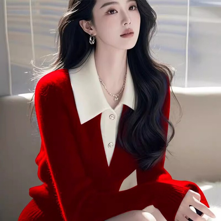 假两件毛衣女翻领拼色针织衫上衣2025秋冬季新款气质减龄显瘦外穿|undefined