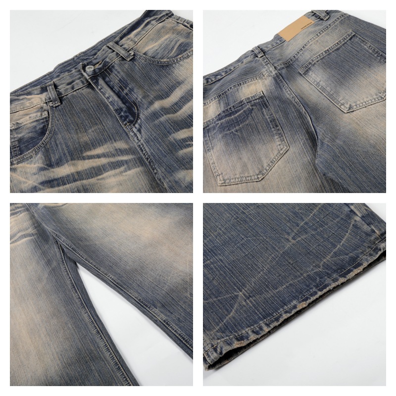 Men's Retro Blue Washed Whiskered Wide Leg Scimitar Jeans Casual Loose Fit American High Street Style Spring New Trousers For Women_mkmklike.com