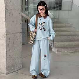 女童休闲拼色春装中大童春季新款撞色运动风阔腿裤长袖卫衣两件套