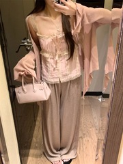 小香风千金套装荷叶边长袖衬衫马甲背心女秋季休闲直筒短裤三件套