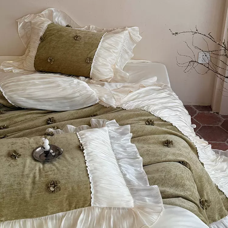 法式浪漫清新全棉长绒棉四件套蕾丝花边立体花朵被套裸睡床单床品