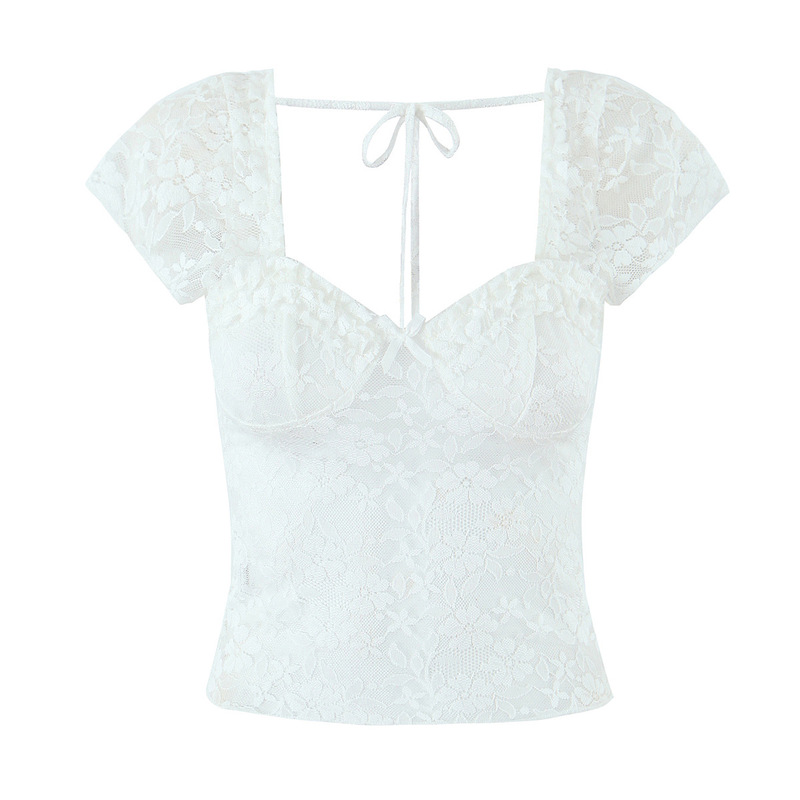 French White Sexy See-Through Lace Bow Pure Lust Sexy Short-Sleeved T-Shirt Top