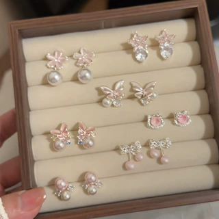 韩系甜美超仙少女风锆石花朵珍珠耳钉时尚精致耳环轻奢高级感耳饰