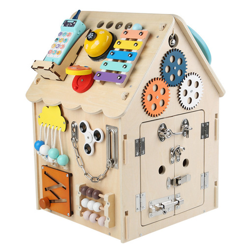 Early education blue busy house busy board wooden Montessori unlocking and piano concentration training teaching children's toys