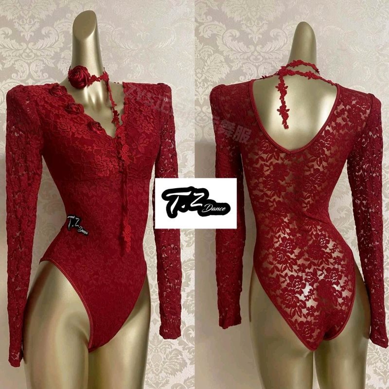 Dancewear Latin Dance One-Piece Gymnastics Suit Women's V Neck Rose Embellished Long-Sleeved Practice Suit Spring Autumn Dance Top
