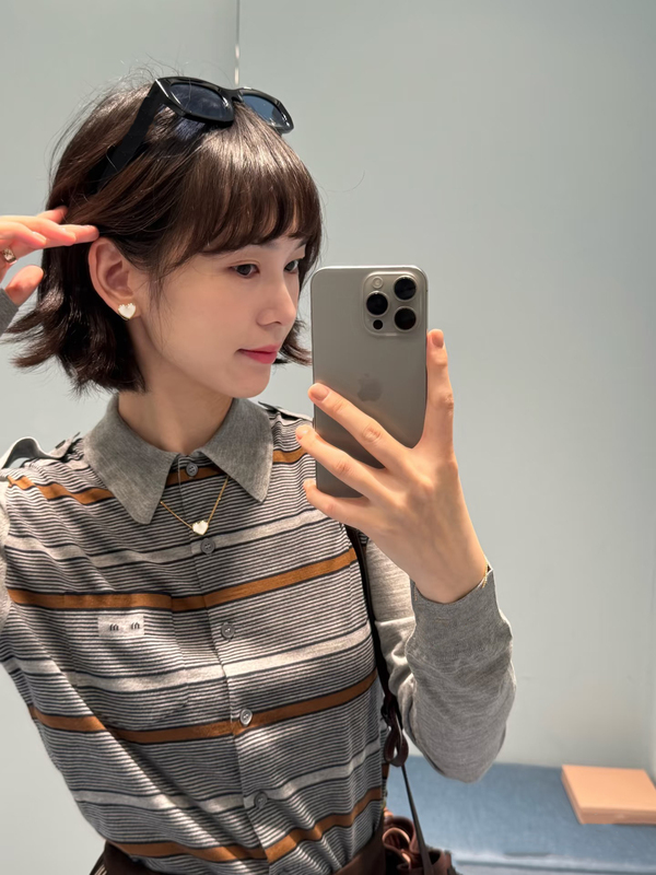 2025早秋新款学院风撞色条纹翻领长袖针织衫女修身显瘦polo领开衫|undefined