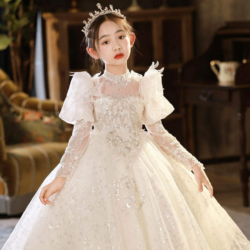 Small princess costume, flower girl dress, piano performance costume, summer long-sleeve, Birthday gift
