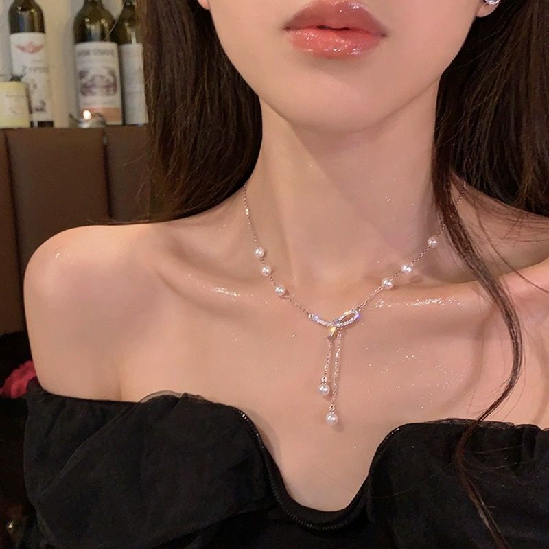 여성용 보우 진주 태슬 목걸이, 가벼운 럭셔리 틈새 시장, 고급 쇄골 체인, 패셔너블한 기질 목걸이, 여름 목걸이