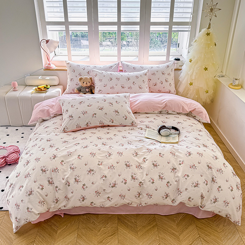 Algodón de cuatro piezas de ropa de cama de algodón 2025, nuevo edredón de flores frescas, sábanas de dormitorio de tres piezas de cuatro estaciones