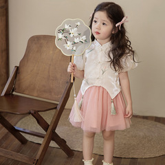 寶寶新中式套裝女國風2024夏季新款嬰兒漢服寬鬆連衣裙女童時尚款