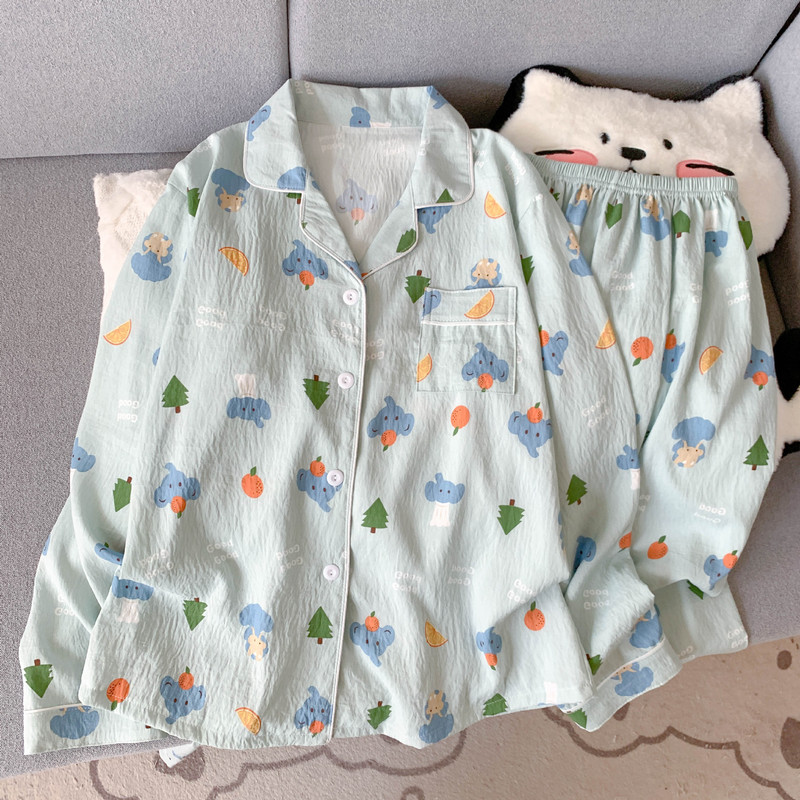 工厂直销云朵棉新款睡衣女长袖长裤开衫翻领卡通大码家居服套装|undefined