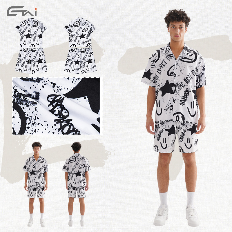 Marca de moda ropa de hombre impresa graffiti viento juego deportivo casual camisa suelta pantalones cortos de verano de dos piezas