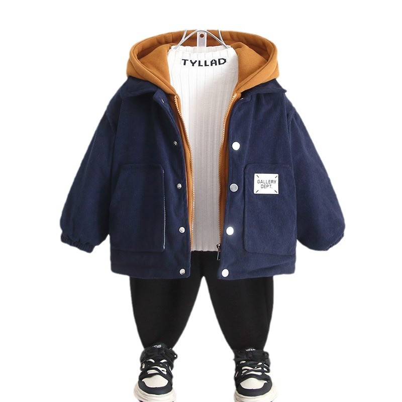 6730 Chaquetas de algodón de dos piezas falsas para niños Invierno 2025 Nuevos modelos de otoño e invierno para niños más abrigo de algodón grueso de terciopelo bebé