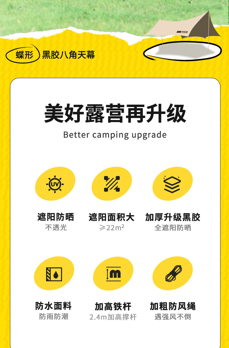 Outdoor Vinyl Sunshade Canopy for Picnic and Camping, Octagonal Butterfly-Shaped Sunshade for Group Gatherings