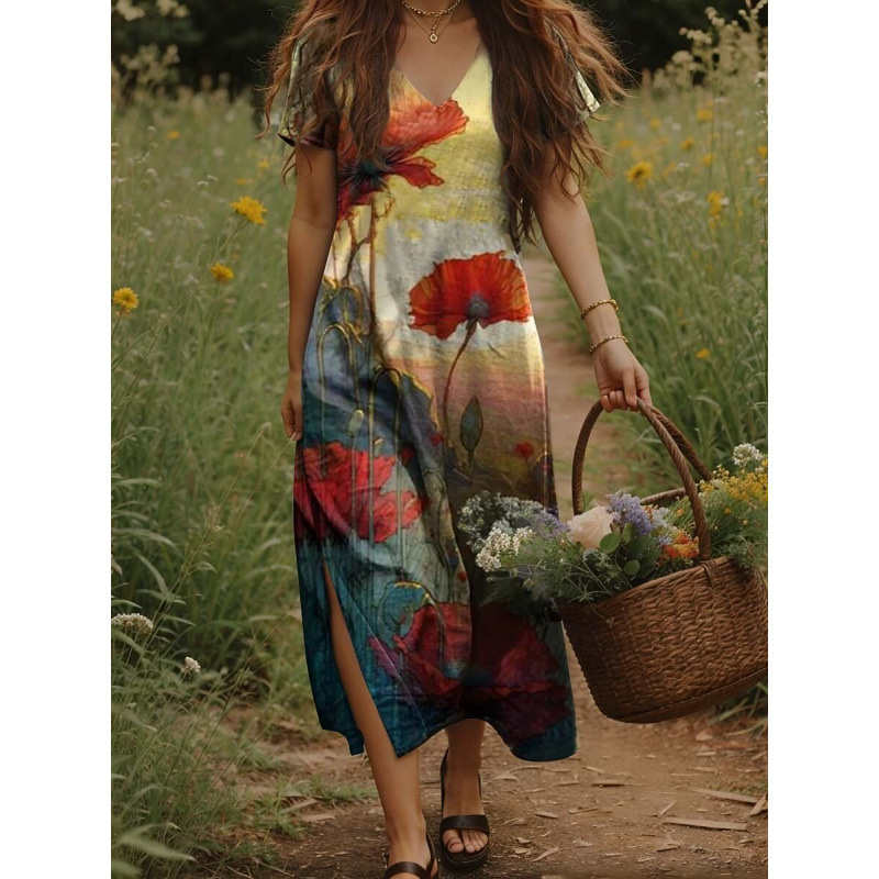 Summer Maxi Dress Casual V Neck Long Sleeve Bohemian Peacock Print Floral Long Dress