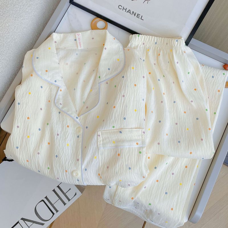 New Long-Sleeved and Long-Pants Pajamas for Girls, Spring and Autumn New Cute Colorful Polka Dot Cloud Cotton Home Wear Set