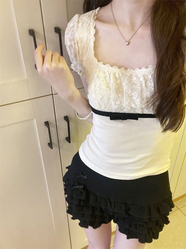 Korean-Style Lace Patchwork Bow Short-Sleeve T-Shirt for Women, Summer Slim-Fit Puff Sleeve Square Neck Top