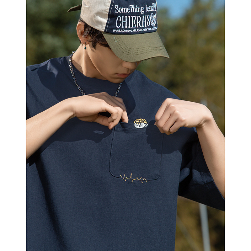 Japanese Retro Pure Cotton Short-Sleeve T-Shirt for Men and Women, Couple Summer New Style with Pocket Embroidery Design, Loose Round-Neck T-Shirt