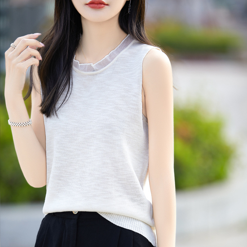 Casual Round Neck Sleeveless Lace Edge 2025 Women's New Spring and Summer Inner Layering Knitwear Versatile Slimming Look Top