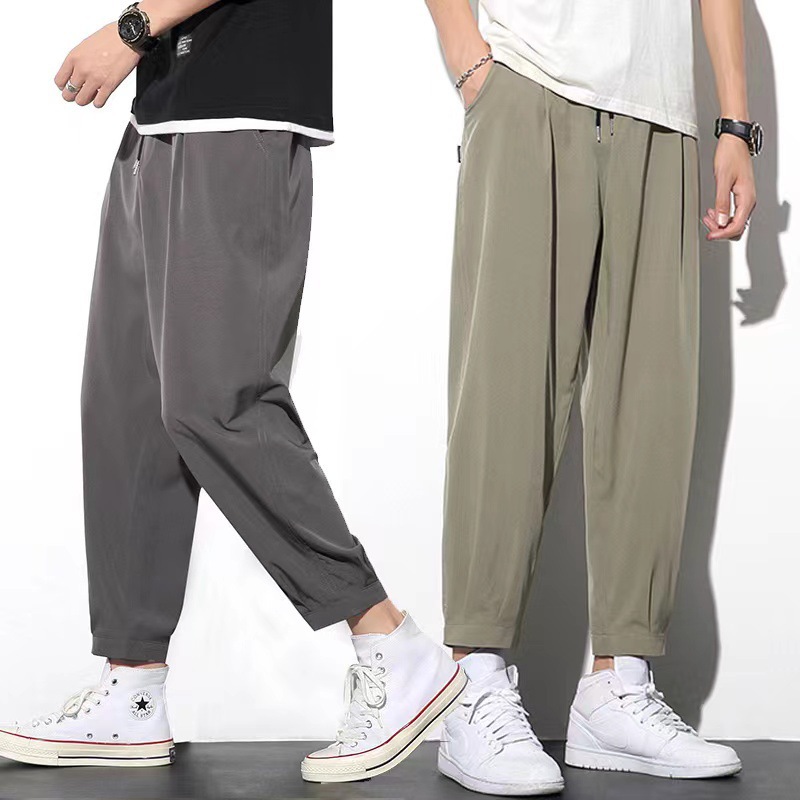 2023 New Men's Ice Silk Pants Men's Quick-drying Casual Pants Ultra-thin Summer Loose Cropped Men's Pants Bundle Foot Sports Pants