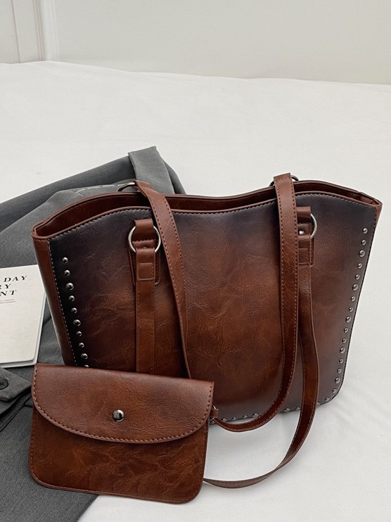 Qadın Retro Tote Çanta - Böyük Tutumlu, Rivet Detallı, 2024 Model