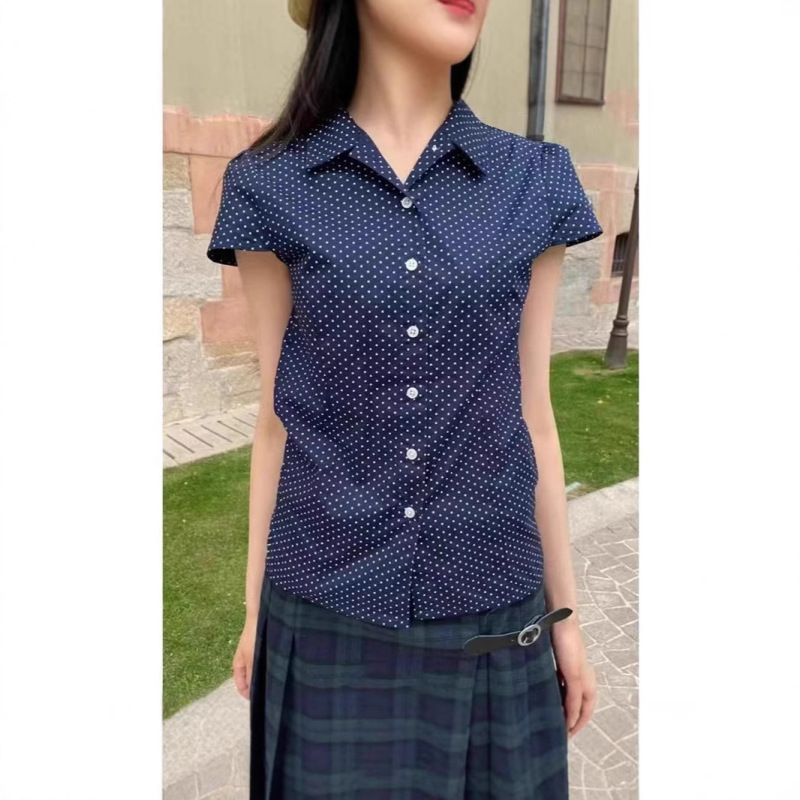 Bm Style Navy Blue Polka Dot Lapel Short-Sleeved Shirt Top Women's Versatile Waist Slimming Look Polo Collar Shirt Summer