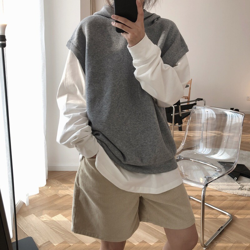 Xuman Spring New Korean Lazy Pullover Knitted Hooded Vest Loose Slim Casual Sweater Vest Thick Women