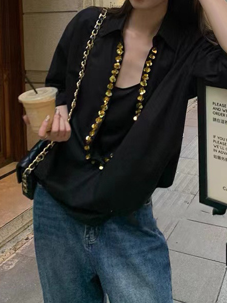 黑色V领长袖衬衫女夏季新款设计感防晒衫气质宽松衬衣|undefined