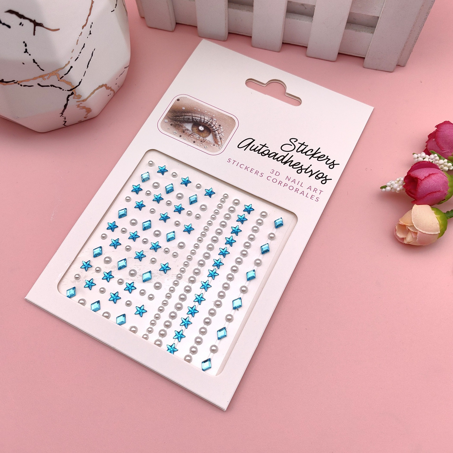 Pegatinas para maquillaje de ojos, pegatinas de diamantes de imitación para ojos, decoración facial, accesorios de maquillaje de perlas para diario, pegatinas de diamantes de imitación para escenario infantil, venta al por mayor en stock.