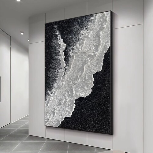 Black and white three-dimensional hand-painted oil painting modern minimalist living room decoration painting thick texture entrance decoration painting restaurant hanging painting
