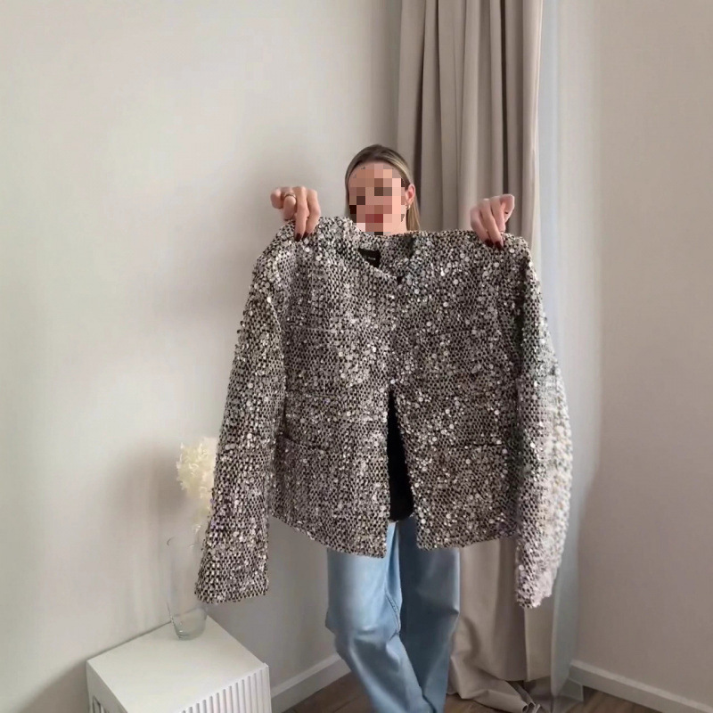 Cross-border European and American women's fashion AliExpress bestseller ZA autumn and winter round-neck solid color sequin-decorated tweed sequin blazer