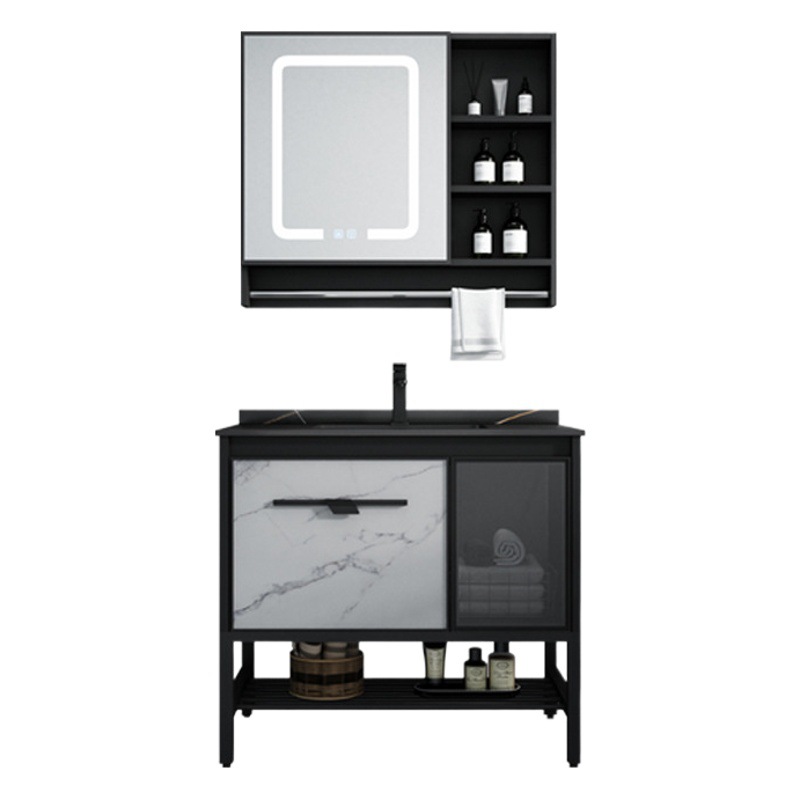 De aluminio espacio pequeño apartamento baño gabinete combinación piso-tipo integrado de cerámica de lavado de manos roca placa lavabo espejo inteligente lavabo del gabinete