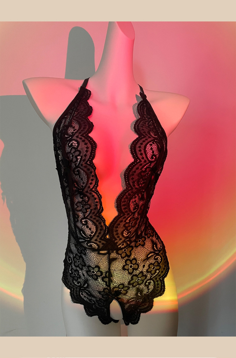 Open-Fit Lace Jumpsuit Lingerie, See-Through Purple One-Piece, Women’s Roleplay Intimate Apparel — detail image 35