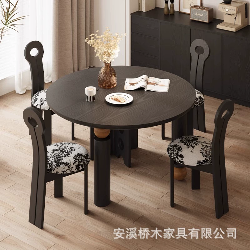 Обеденный стол в стиле ваби-саби из массива дерева, матовый черный, круглый, современный, простой, для дома из бруса, гостиной, маленькой квартиры, новый стиль