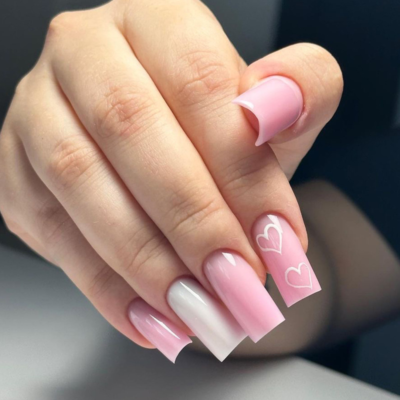 Simple Love Valentine's Day Wearable Nails Pink White Medium Rectangular Manicure Wearable Nail Patch Nail Patch Wholesale