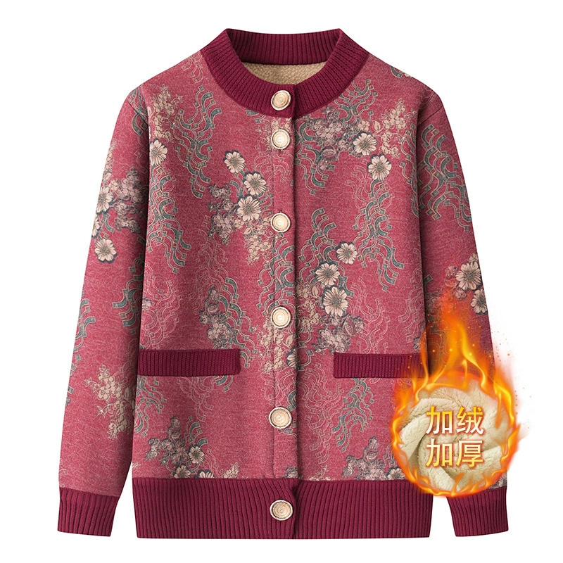 Мама осенние и зимние пальто женский средний и пожилой свитер кардиган бабушка зимняя одежда бархатная утеплитель