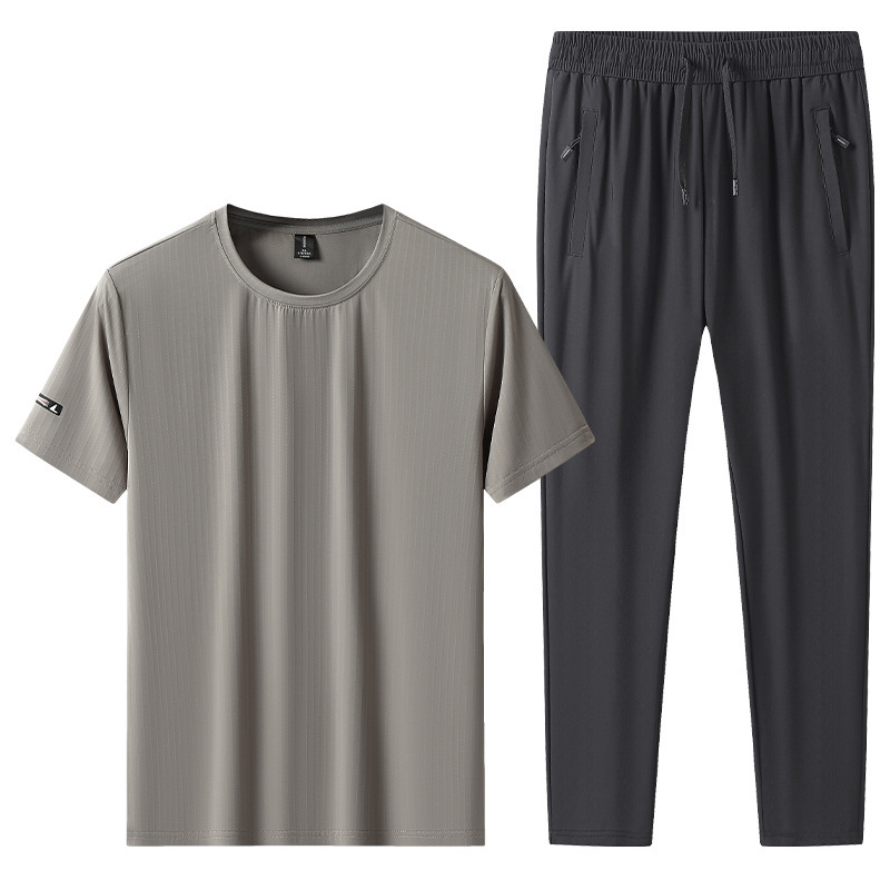 Summer Thin Men's Ice Silk Casual Sports Suit Large Size Short-Sleeved Round Neck T-Shirt Pants Quick-Drying Two-Piece Set Group Purchase