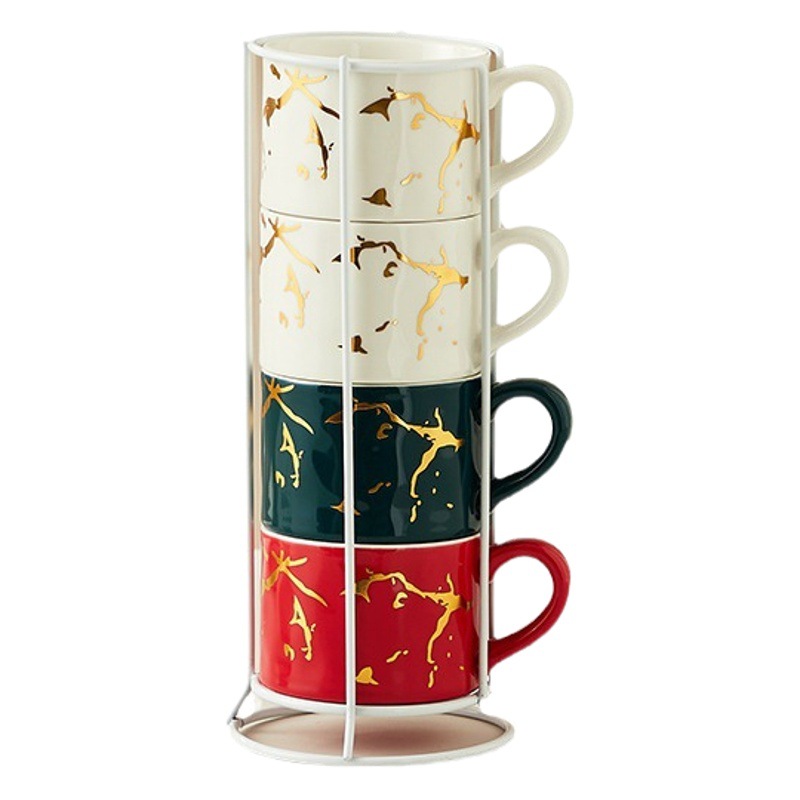 Creativo dorado Taza de cerámica taza hogar tridimensional apilada taza de cuatro piezas con marco de hierro taza de agua de café