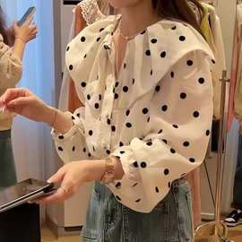 娃娃领长袖衬衫女2025春季新款韩系甜美风波点单排扣休闲衬衣