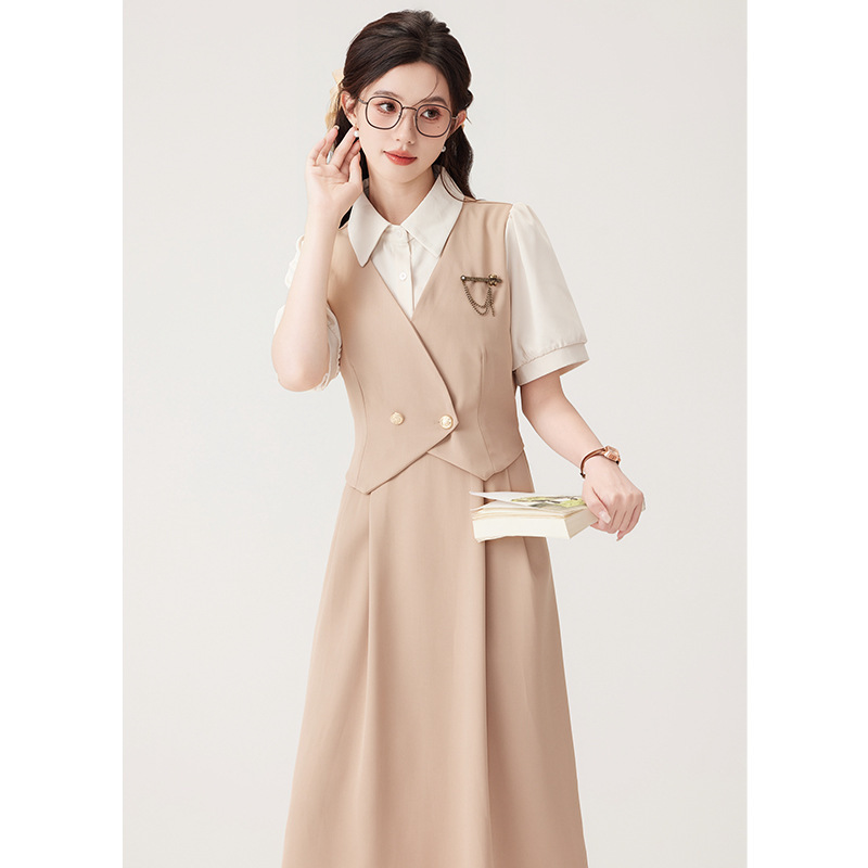 2026 Summer Short-Sleeved College-Style Outfit for Teaching Staff Interviews, Fake Two-Piece Waist-Cinching Dress for Formal Occasions, Elegant Look 2026 Summer Short-Sleeved College-Style Outfit for Teaching Staff Interviews, Fake Two-Piece Waist-Cinching Dress for Formal Occasions, Elegant Look