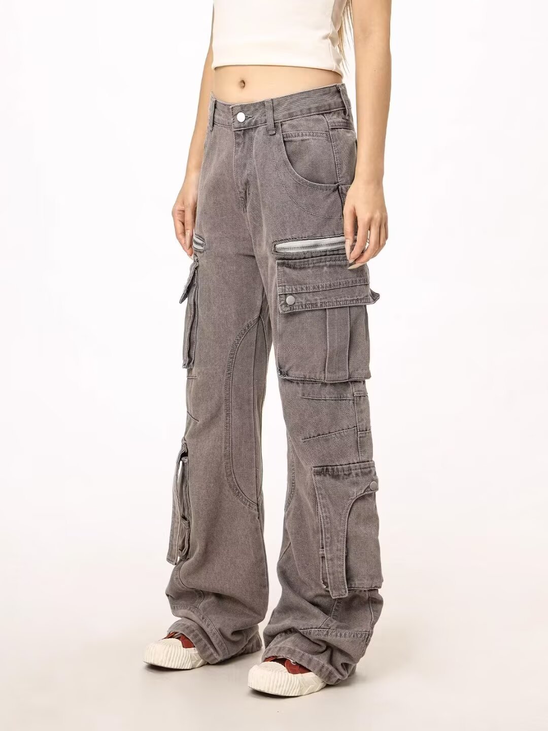 Herrenbekleidung High Street Streetwear Heavy Duty Cargo Jeans mit mehreren Taschen und Reißverschlussdesign – Stylische lässige Arbeitshose in Grau (Größen M-3XL)_voghion.com