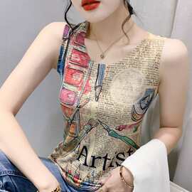工厂批发无袖圆领套头坎肩欧洲站女装小背心彩色格子铅笔印花外穿