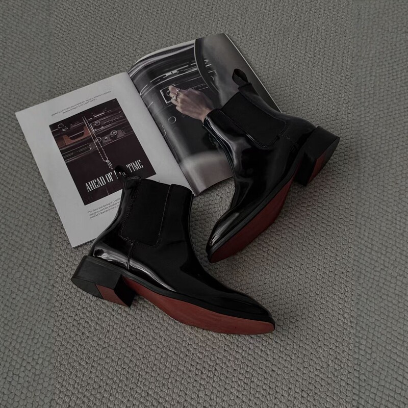 Men's Red Sole Square Toe Black Patent Leather Chelsea Boots Business Formal Short Leather Boots Men's Red Sole Square Toe Black Patent Leather Chelsea Boots Business Formal Short Leather Boots